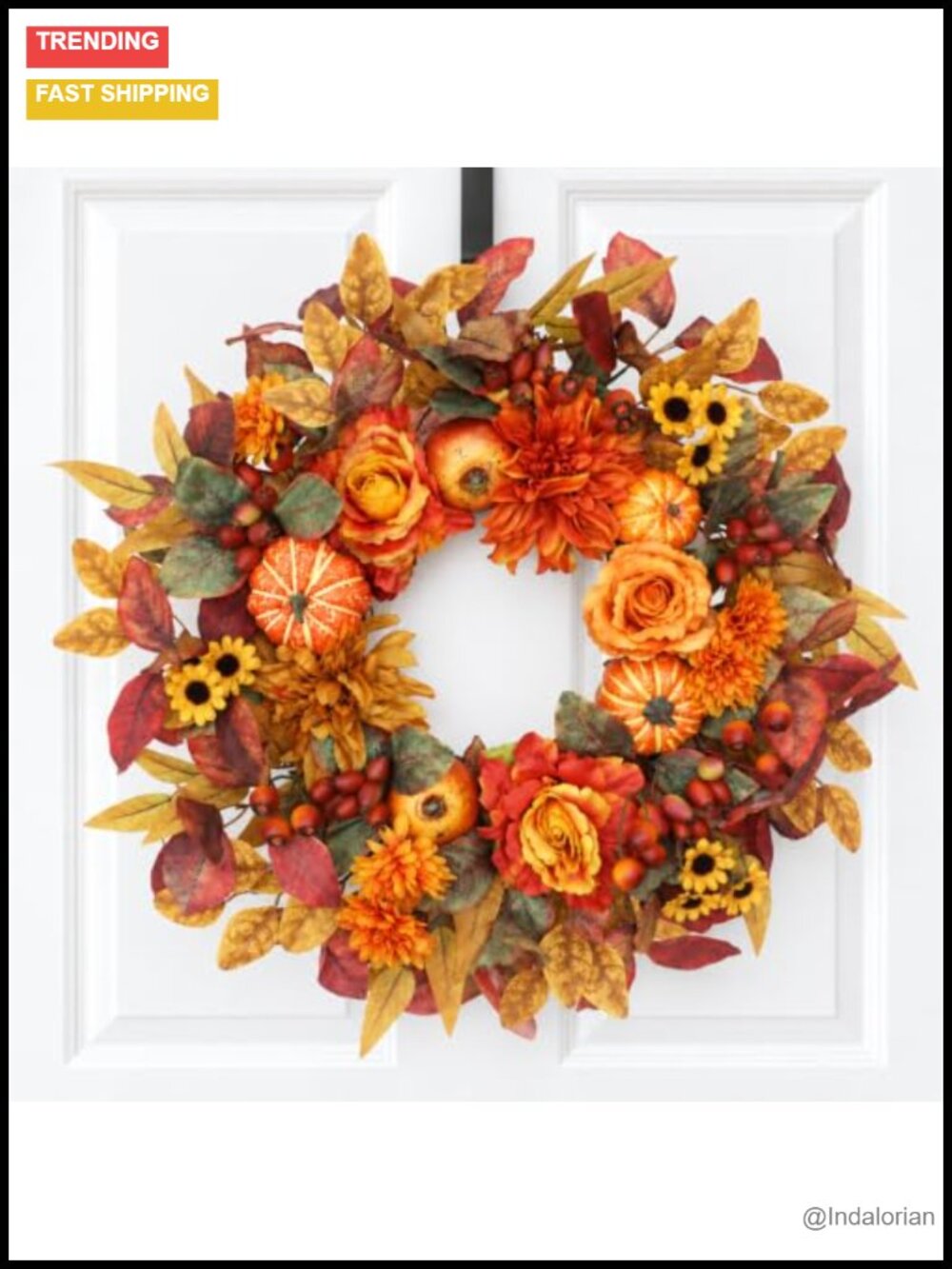 24 Inch Fall Wreath Front Door with Pumpkins Dahlias Maple Leaves
